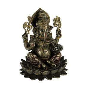 Bronze Finish Ganesha Seated On Lotus Holding Sacred Objects Statue